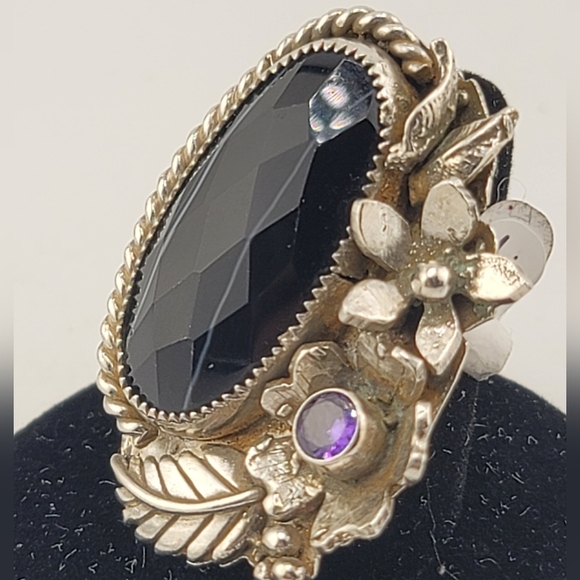 DREAMY JWLS Jewelry - OBSIDIAN & AMETHYST CRYSTAL GARDEN FLOWER RING HANDMADE W/ RECYCLED METAL SZ 7